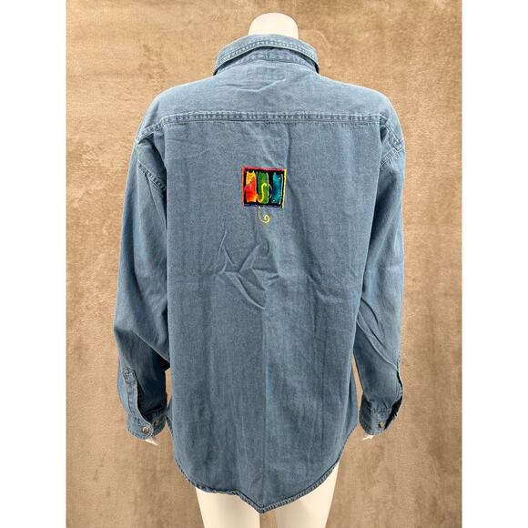 Tri-Mountain Top Womens XL Blue Button Up Tunic Denim Cat Lady Artsy 100% Cotton - Picture 6 of 12